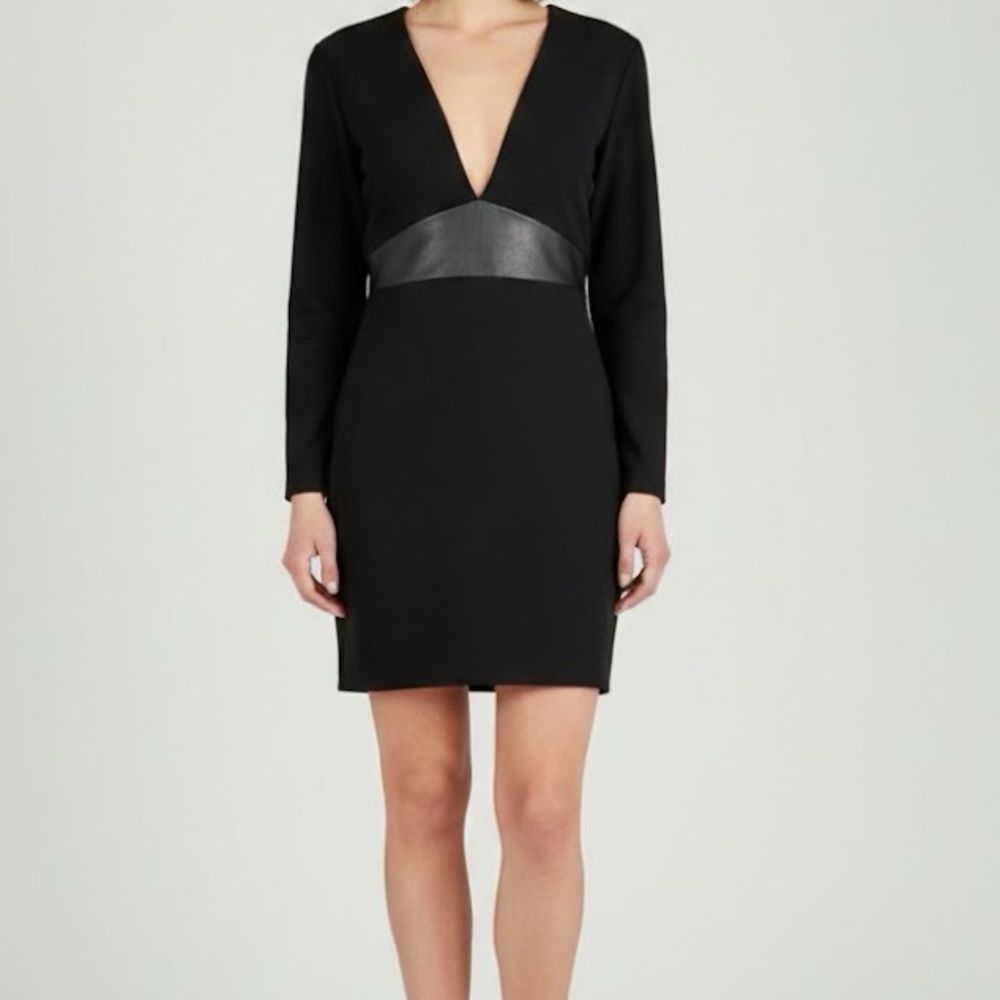 Mason Black Leather Trimmed Deep Plunge V Neck Body Con Dress Small